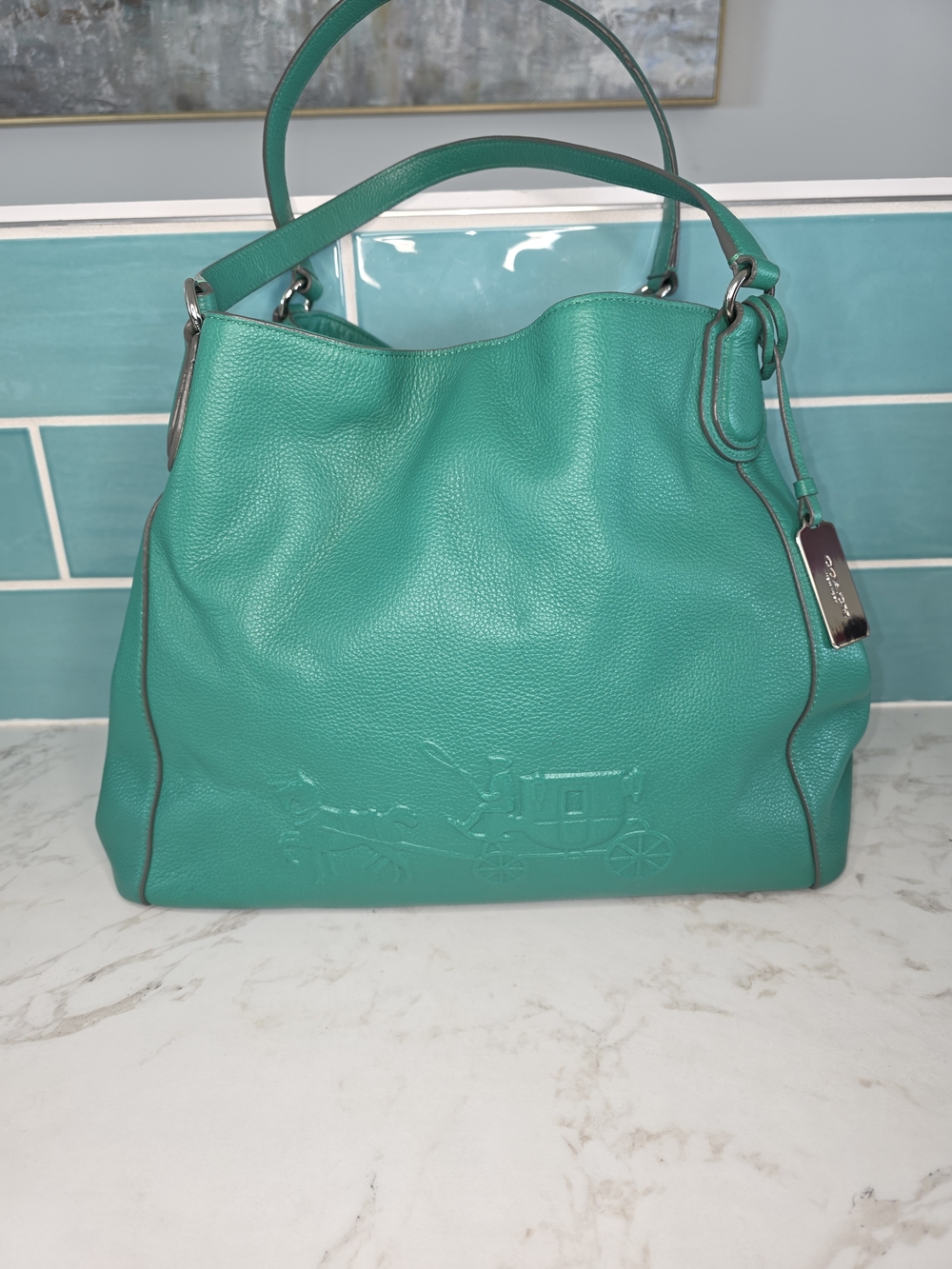 Coach Vibrant Green "Edie" Pebbled Leather Shoulder Hobo with Embossed Carriage